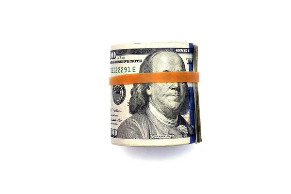 Money Rolled Rubber Band Isolated White Most Popular Money — Foto de Stock