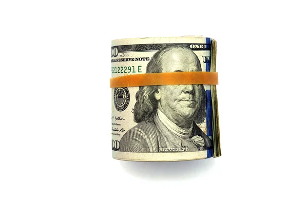 Money Rolled Rubber Band Isolated White Most Popular Money — Fotografia de Stock