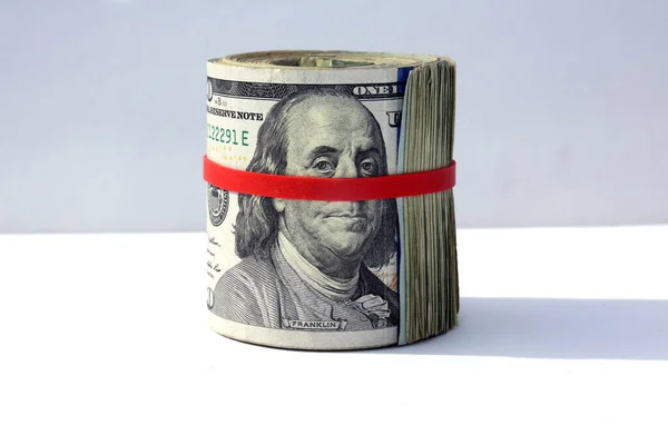 Money Rolled Rubber Band Isolated White Most Popular Money — Fotografia de Stock