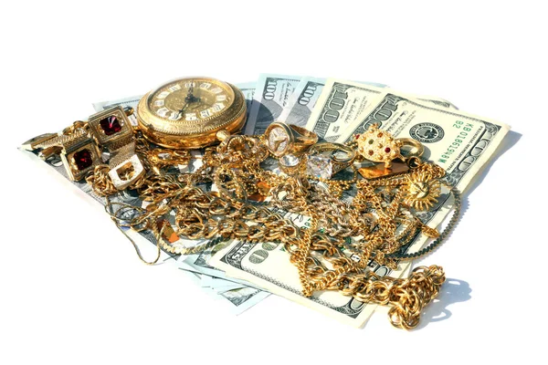 Dinheiro Para Ouro Cash Gold Uma Bolsa Couro Cheia Jóias — Fotografia de Stock