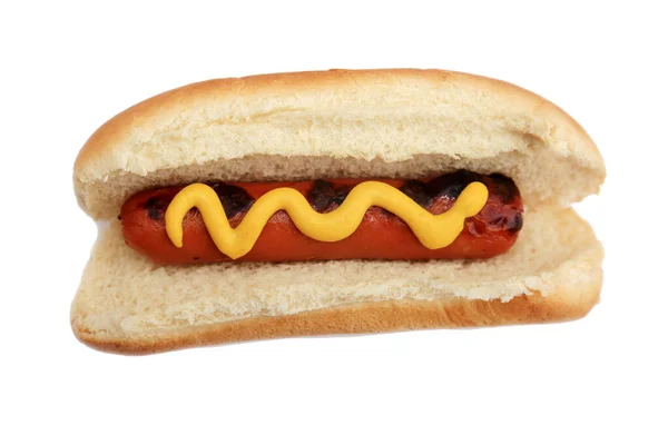 Hot Dog Met Mosterd Een Hotdog Gegrilde Hotdog Met Mosterd — Stockfoto