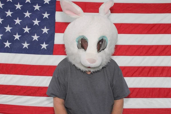 Man Wears Easter Bunny White Rabbit Mask While Posing Front — Stock fotografie