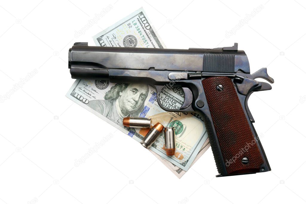 Antique Vintage World War Two. 45 Caliber Pistol on Money with Hollow Point Bullets. Isolated on white. Room for text.