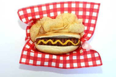 Hot Dog. America's favorite snack food the Hot Dog. Hot Dog in Bun with Mustard. Isolated on white. Room for text.