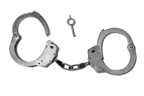 Police Hand Cuffs Police Handcuffs Isolated White Room Text — Stock fotografie