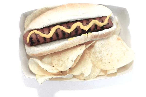 Hot Dog. Colorized gray scale hot dog in bun with yellow mustard. isolated on white. room for text. unappetizing image.