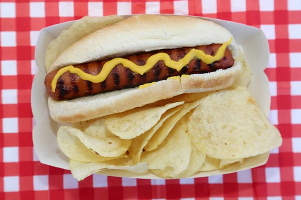 Hot Dog. Hot Dog in Bun with Yellow Mustard and Potato Chips on a Red and White Checker Paper Napkin. Isolated on white. Room for text. 4th of July and Summer Concepts