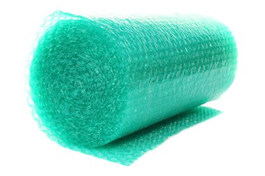 Bubble Wrap Roll. Blue Bubble wrap for shipping and storage of fragile items. Isolated on white. Room for text. 