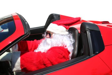 Noel Baba. Noel Baba kırmızı spor arabasıyla hızlı sürüyor. Noel Baba Hot Rod Car. Noel Baba kızağı. Noel Baba, Red Hot Sports Car 'ıyla hızlı sürerken Xmas hediyelerini dağıtıyor. Noel Baba, Hot Rod spor arabasını sürerken Noel hediyelerini dağıtıyor.. 