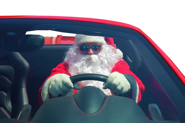 Pai Natal Papai Noel Dirige Rápido Seu Carro Esporte Vermelho — Fotografia de Stock