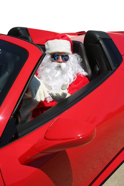 圣诞老人 圣诞老人开着他的红色跑车飞驰而去 Santa Hot Rod车圣诞老人雪橇 圣诞老人开着他的红色热跑车 一边开车一边送圣诞礼物 圣诞老人驾驶着他的火车头跑车送圣诞礼物 — 图库照片