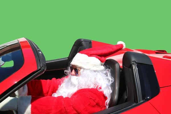 Pai Natal Papai Noel Dirige Rápido Seu Carro Esporte Vermelho — Fotografia de Stock