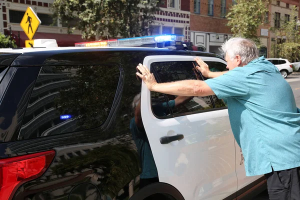 Detained Police Man Detained Police Told Stand Police Car Driving — Stock Photo, Image