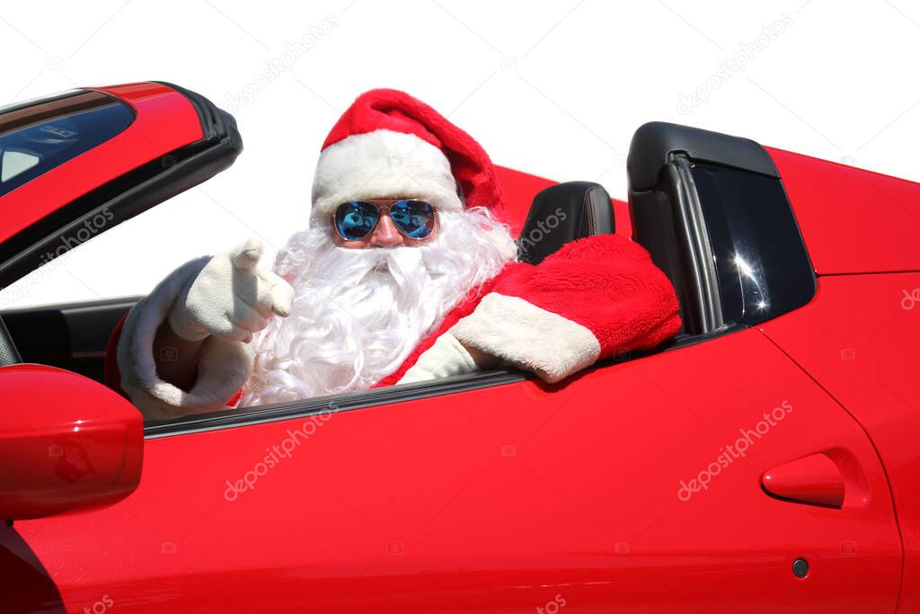 Santa Claus. Santa Drives fast in his Red Sports Car. Santa Hot Rod Car. Santa Claus sleigh.  Santa Claus Delivers Xmas Gifts while driving Fast in his Red Hot Sports Car. Santa Claus Delivers Christmas Gifts as he drives his Hot Rod Sports Car. 