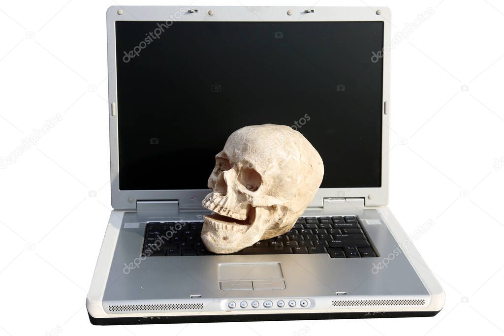 Halloween. Human Skull on Laptop Computer. Haunted Computer. Haunted Laptop. Halloween Human Skull. Evil Skeleton. Covid-19 Halloween Human Skull. A Spooky Monstrous Human Skull Isolated on Black. Coronavirus Human Skull in black. Covid-19. Covid-19.