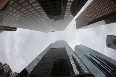 Fish Eye Lens View of Skyscrapers seen from the ground up. Sky Scrapers photographed through a Fish Eye lens. Downtown buildings in any large city. Los Angeles, Chicago, New York, Tokyo.