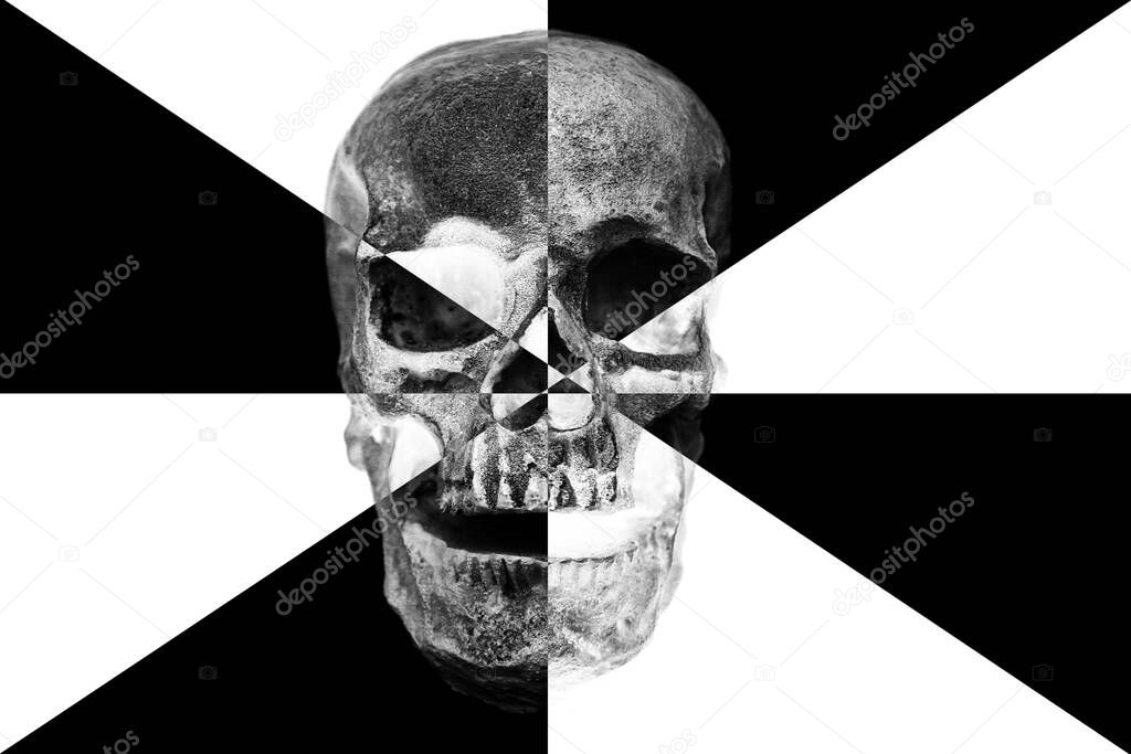 Halloween Skull. Spooky Halloween Skull isolated on black. Covid-19 Halloween Human Skull. A Spooky Monstrous Human Skull Isolated on Black. Coronavirus Human Skull in black. Covid-19. Coronavirus. Death due to Covid-19. Halloween human skull. Evil. 