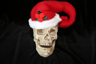 Cadılar Bayramı. Noel zamanı. Noel Baba Kafatası. İnsan kafatası Noel Baba şapkası takar. Noel hem ölüler hem de ölmeyenler tarafından kutlanır. Mutlu noeller. Mutlu Cadılar Bayramı. Şeytani Noel Kafatası. Noel Baba Şapkalı İnsan Kafatası. Noel Baba şapkalı insan kafatası. 