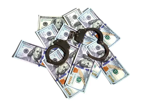 Money Handcuffs American Money Locked Hand Cuffs Isolated White Room — Stock fotografie