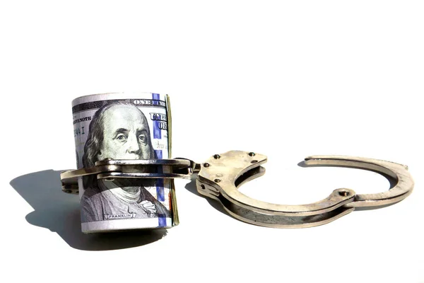 Money Handcuffs American Money Locked Hand Cuffs Isolated White Room — Stock fotografie