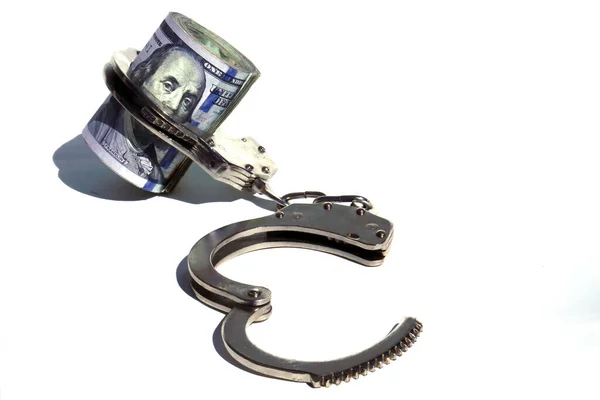 Money Handcuffs American Money Locked Hand Cuffs Isolated White Room —  Fotos de Stock