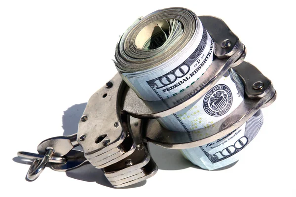 Money Handcuffs American Money Locked Hand Cuffs Isolated White Room — Fotografia de Stock