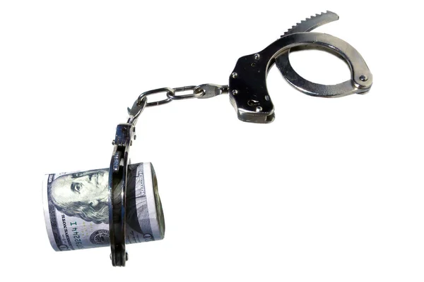 Money Handcuffs American Money Locked Hand Cuffs Isolated White Room — Fotografia de Stock