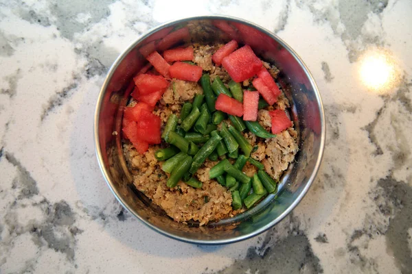 Dog food with watermelon and green beans. Fresh Dog Dinner with fruit and veggies. Healthy dog food.