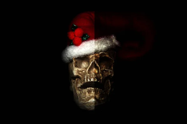 Halloween Natale Babbo Natale Teschio Umano Indossa Cappello Babbo Natale — Foto Stock