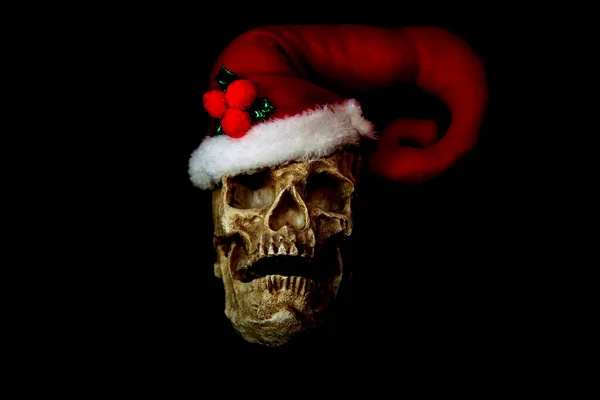 Halloween Natale Babbo Natale Teschio Umano Indossa Cappello Babbo Natale — Foto Stock