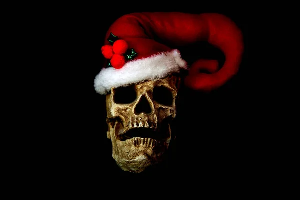 Halloween Natale Babbo Natale Teschio Umano Indossa Cappello Babbo Natale — Foto Stock