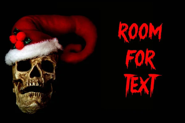 Halloween Navidad Santa Skull Cráneo Humano Lleva Sombrero Papá Noel —  Fotos de Stock