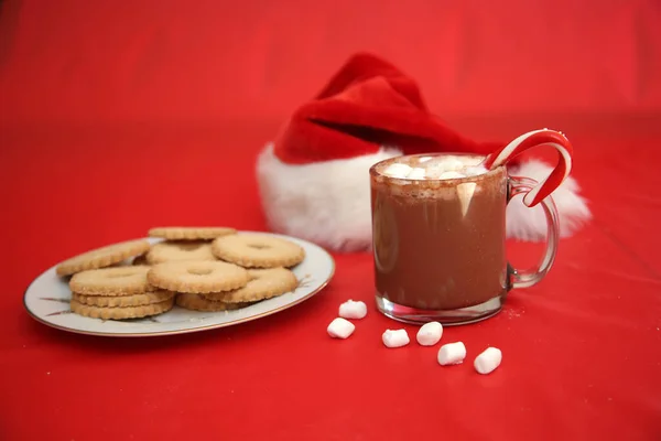 圣诞老公公的饼干新鲜的烤饼干和热巧克力和棉花糖放在桌子上给圣诞老人吃 圣诞夜送给圣诞老人的礼物 圣诞老人的饼干和牛奶 圣诞节的概念 季节性的庆祝活动 喜庆的家庭传统 — 图库照片