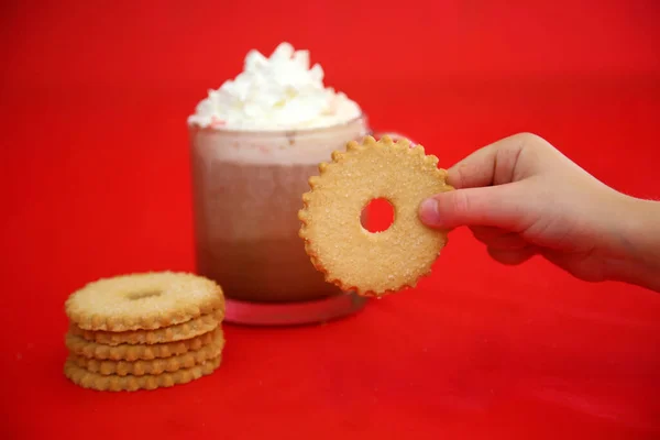 Kakor Till Tomten Färska Bakade Kakor Och Varm Choklad Med — Stockfoto