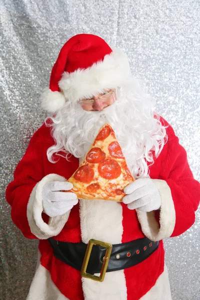 Santa Claus Santa Enjoys Slice Pizza Santa Loves Pizza Food — Stockfoto