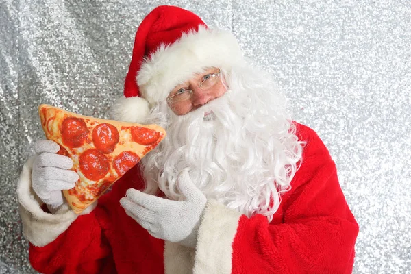 Santa Claus Santa Enjoys Slice Pizza Santa Loves Pizza Food — Stockfoto