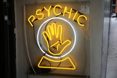 Halloween. Psychic. Mind Reader. Fortune Teller. Evil Mistress from Hell. Neon Psychic Sign. Palm Reader Neon Sign. Neon signs use different gases like Neon, Argon, Helium, to name a few. psychic tarot cards. Gypsy.  clipart