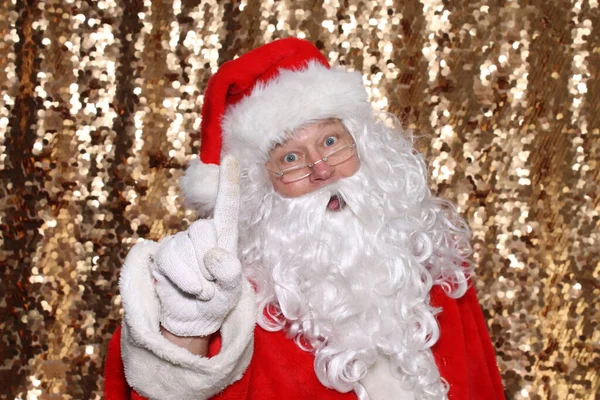 Santa Claus Santa Claus Holds One Finger Air Says Only — Zdjęcie stockowe