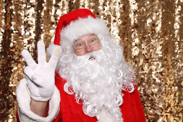 Santa Claus Santa Claus Holds Three Fingers Air Says Only — Stockfoto