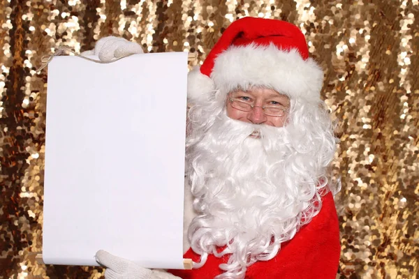Santa Claus Santa Claus Holds Blank White Scroll Room Your — стокове фото