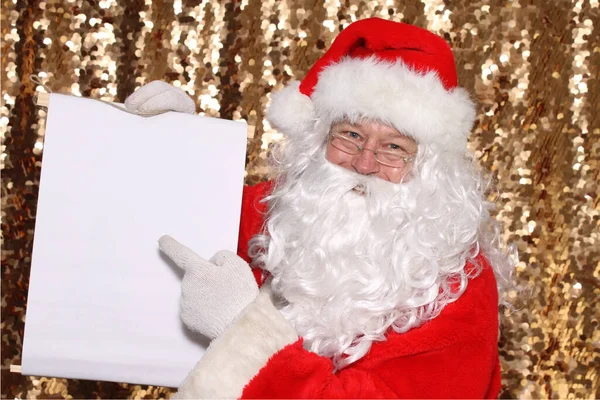 Santa Claus Santa Claus Holds Blank White Scroll Room Your — Φωτογραφία Αρχείου