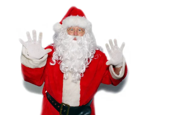 Santa Claus Isolated White Room Text Santa Holds His Hands — Φωτογραφία Αρχείου