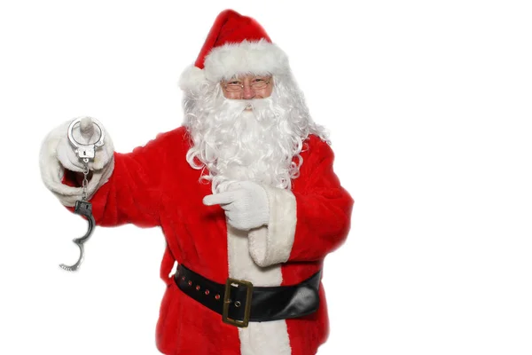 Santa Claus Isolated White Room Text Santa Claus Holds Handcuffs — Stock Photo, Image