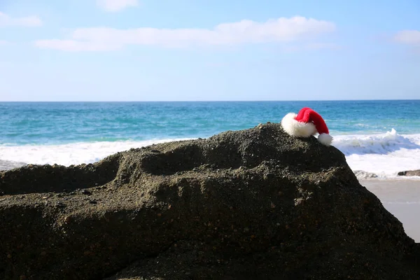 Santa Hat Santa Claus Hat Rocks Beach Room Text — Photo