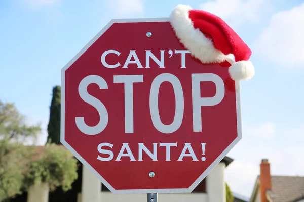 Znak Stopu Czerwony Znak Stopu Santa Hat Nie Mogę Powstrzymać — Zdjęcie stockowe