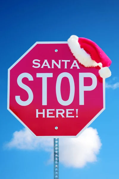 Pare Assinar Red Stop Sign Com Santa Hat Mensagem Diz — Fotografia de Stock