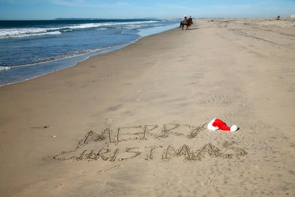 Merry Christmas Words Written Sand San Diego California Close Mexican — Fotografia de Stock