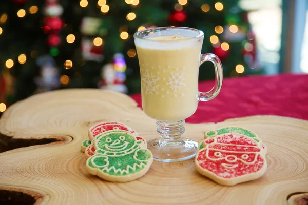 Close View Christmas Cookies Eggnog Christmas Tree Out Focus Background — 图库照片