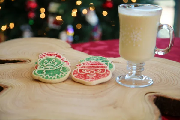 Close View Christmas Cookies Eggnog Christmas Tree Out Focus Background — 图库照片