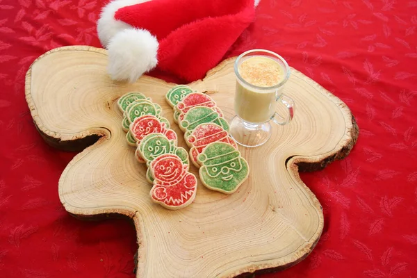 Top View Christmas Cookies Eggnog Christmas Tree Out Focus Background — 图库照片